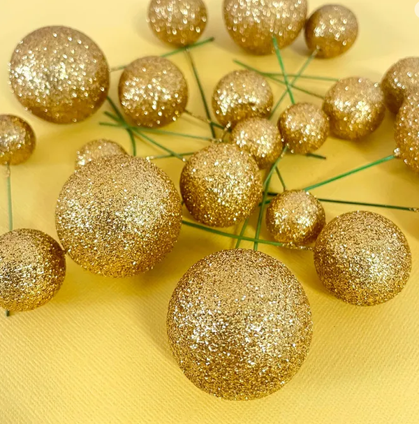 Decorative Ball Cake Toppers | Glitter Gold | 10pcs