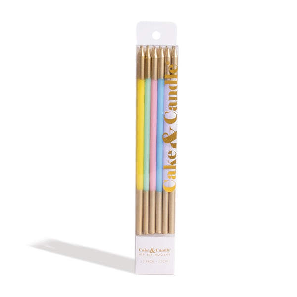 Gold Dipped Cake Candles 15cm | Pastel | 12pk