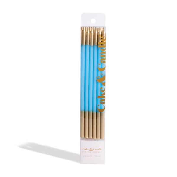 Gold Dipped Cake Candles 15cm | Blue | 12pk